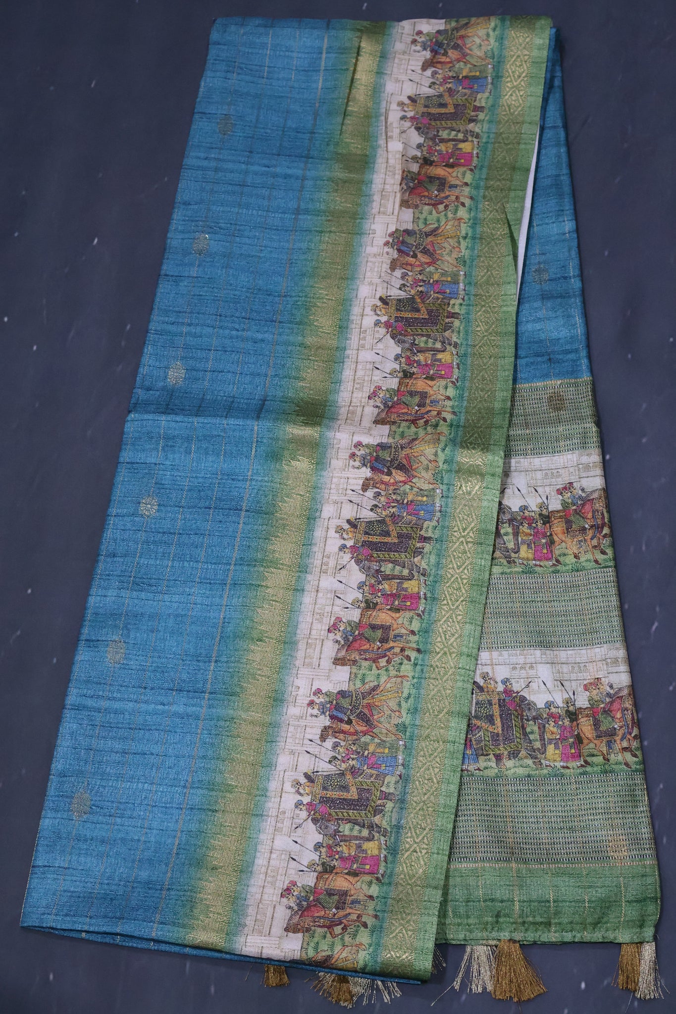 Semi Tussar Saree-Sky Blue Maharaja Print
