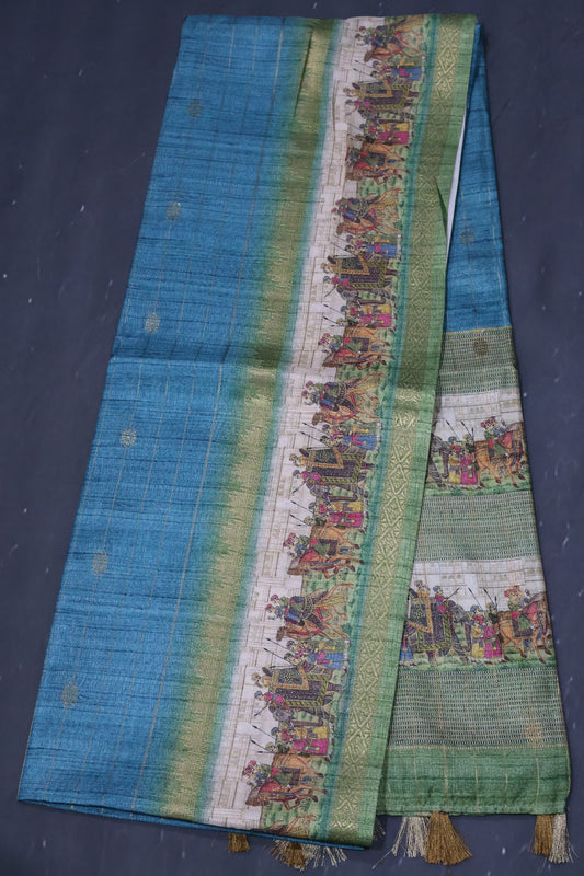 Semi Tussar Saree-Sky Blue Maharaja Print