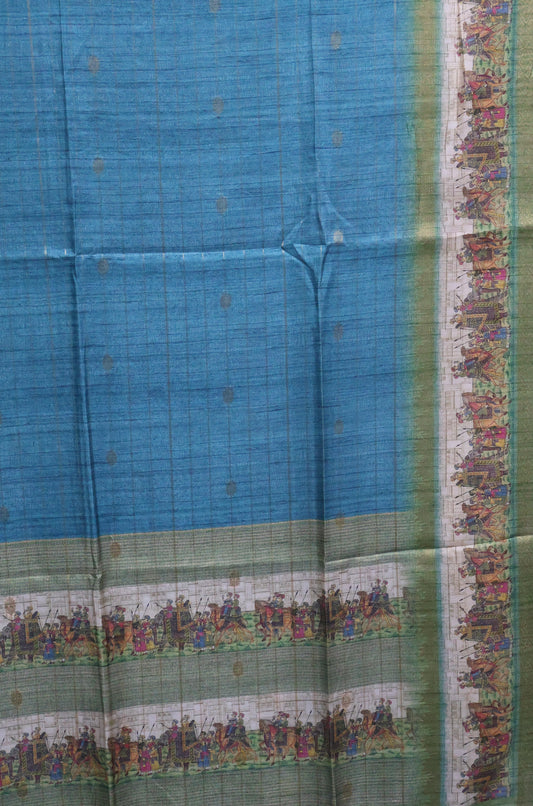 Semi Tussar Saree-Sky Blue Maharaja Print