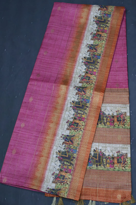 Semi Tussar Saree-Pink Maharaja Print