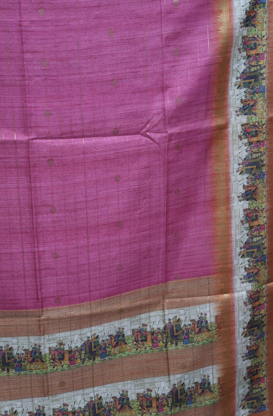 Semi Tussar Saree-Pink Maharaja Print