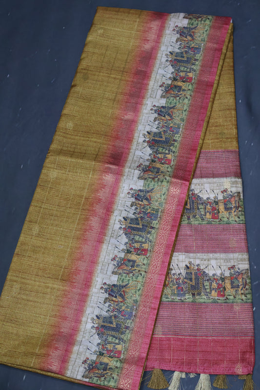 Semi Tussar Saree-Mustard Maharaja Print