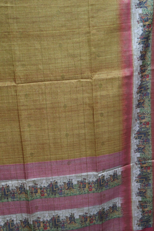 Semi Tussar Saree-Mustard Maharaja Print