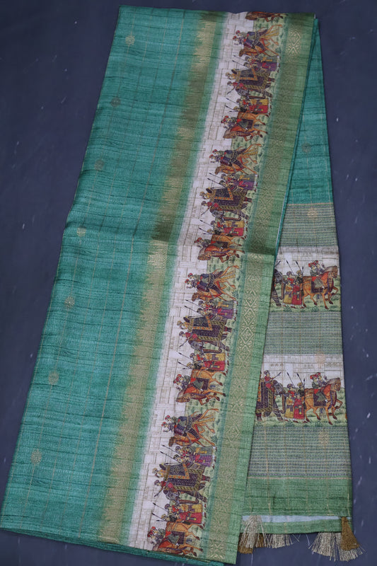 Semi Tussar Saree-Green Maharaja Print