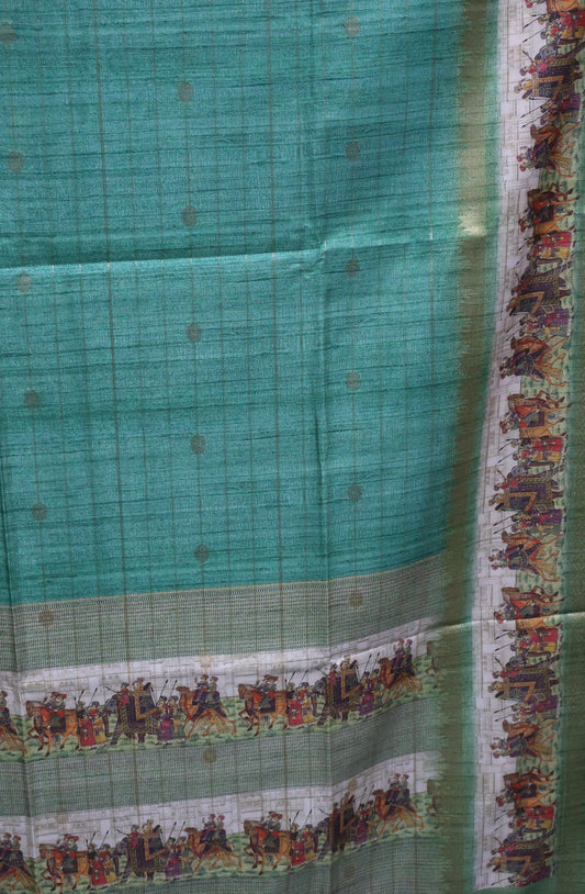 Semi Tussar Saree-Green Maharaja Print