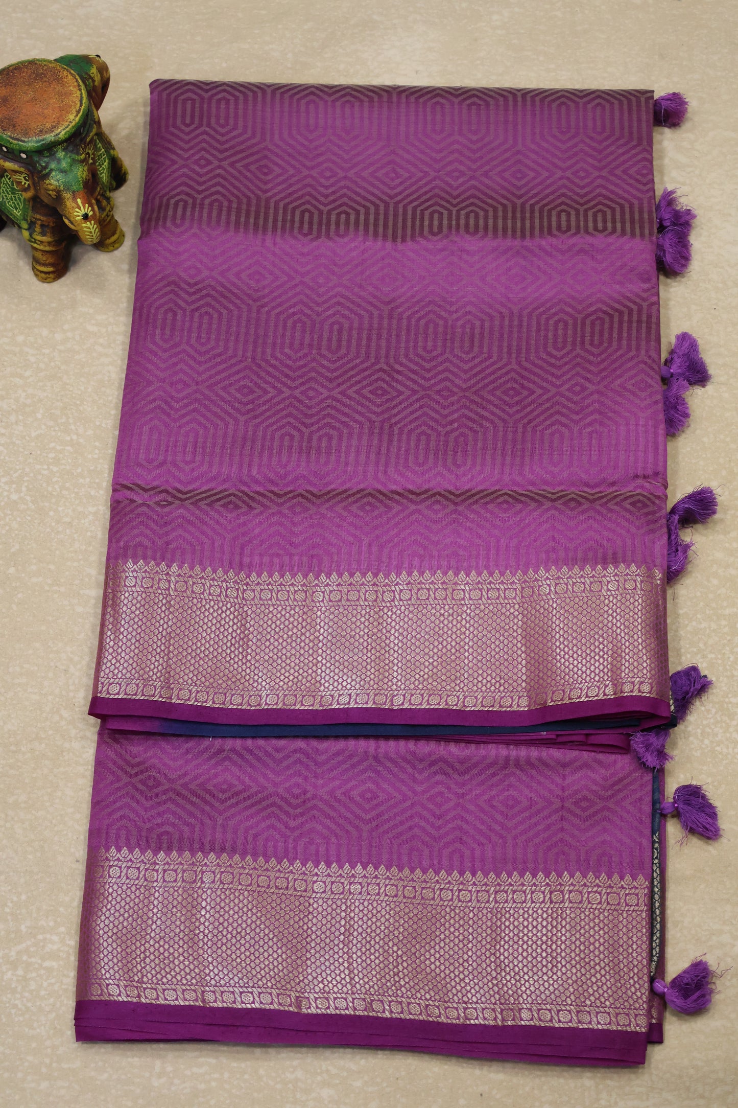 Semi Tussar Saree-Purple Green Muted Body Print