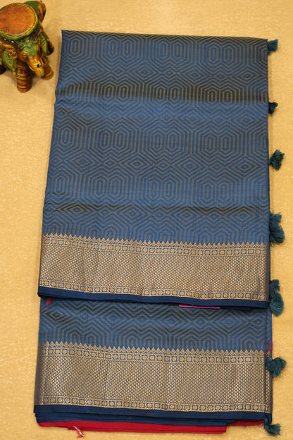 Semi Tussar Saree-Peacock Blue Muted Body Print
