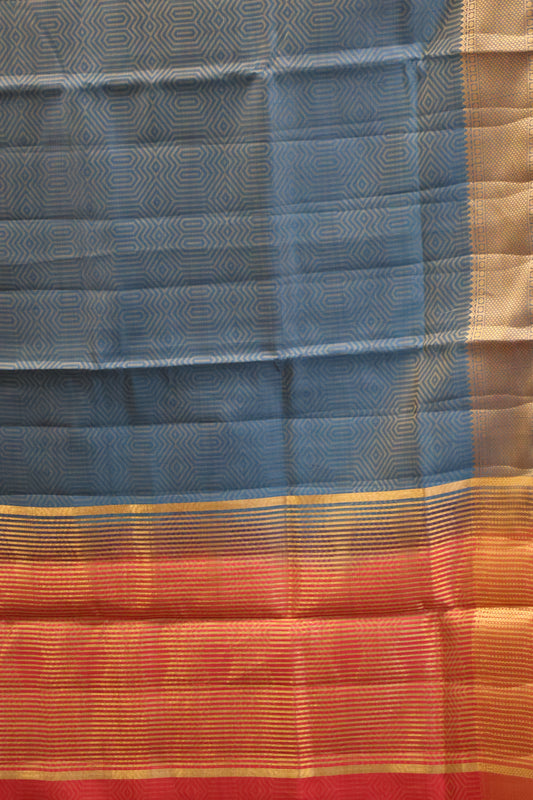Semi Tussar Saree-Peacock Blue Muted Body Print