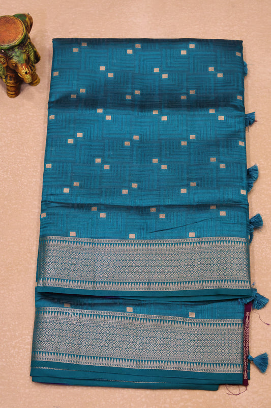 Semi Tussar Saree-Peacock Green Dual Square Pattern