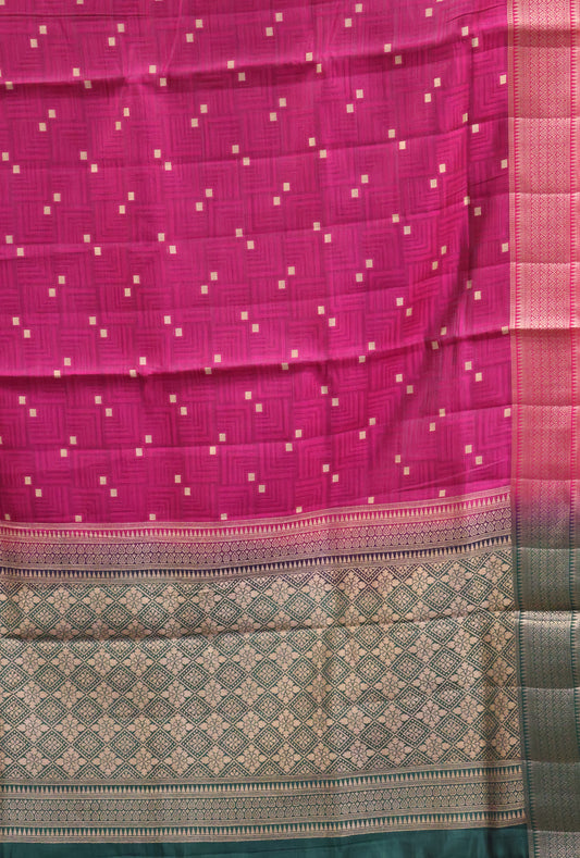 Semi Tussar Saree-Rani Pink Dual Square Pattern
