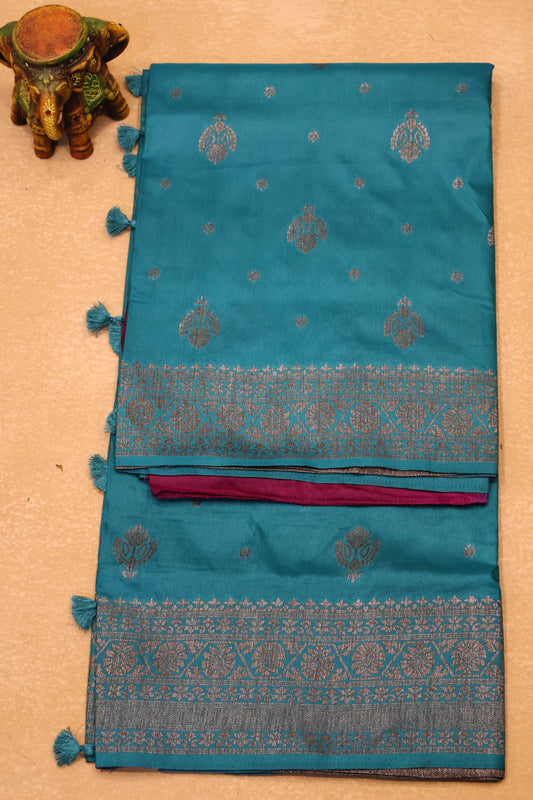 Soft Tussar Saree-Teal Blue Creeper Flower Design