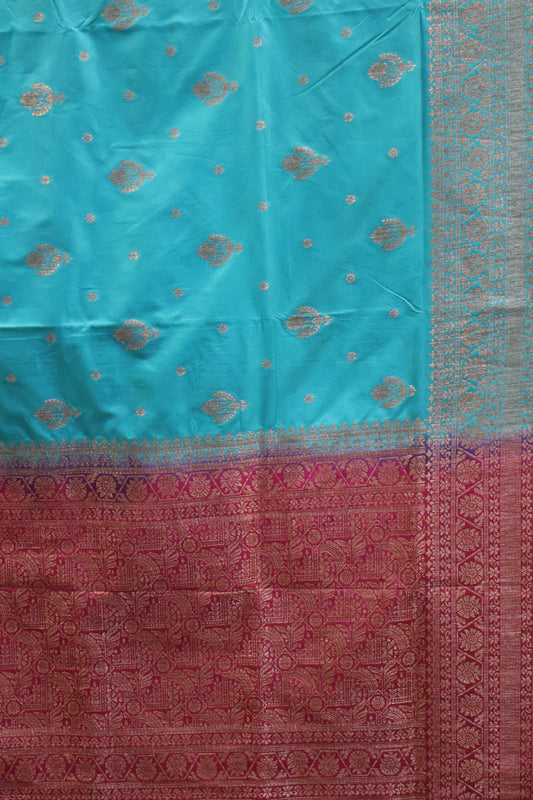 Soft Tussar Saree-Teal Blue Creeper Flower Design