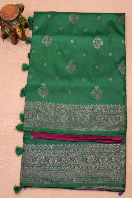 Soft Tussar Saree-Teal Green Creeper Flower Design