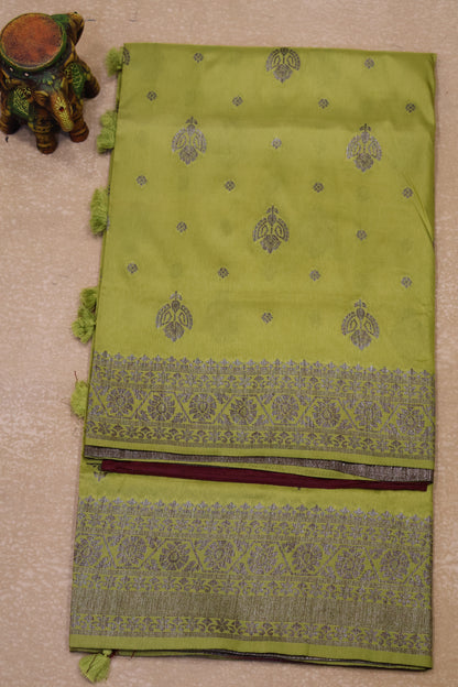 Soft Tussar Saree-Lime Yellow Creeper Flower Design