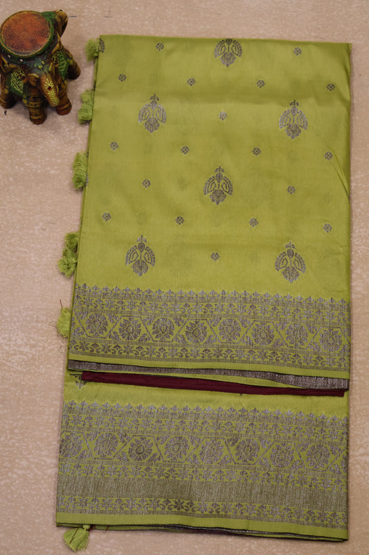 Soft Tussar Saree-Lime Yellow Creeper Flower Design