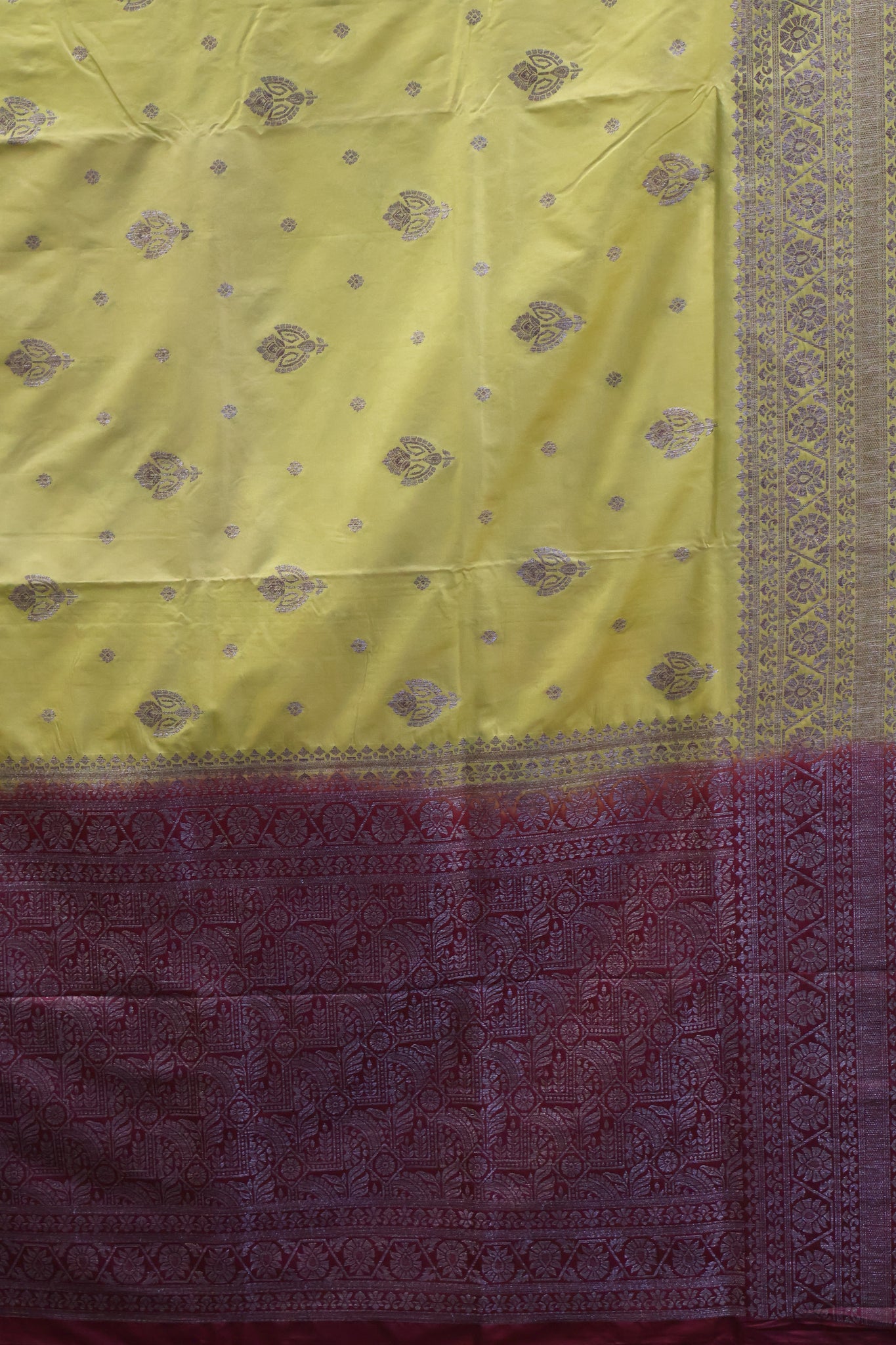 Soft Tussar Saree-Lime Yellow Creeper Flower Design