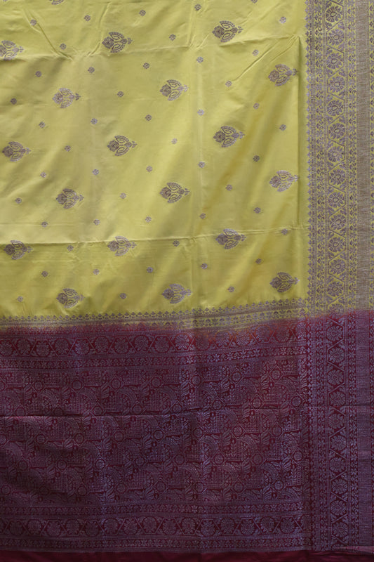 Soft Tussar Saree-Lime Yellow Creeper Flower Design