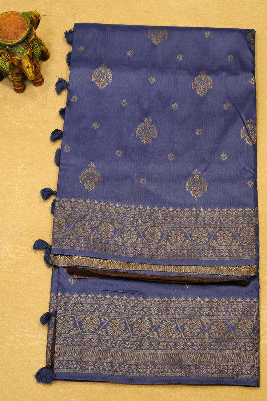 Soft Tussar Saree-Blue Creeper Flower Design