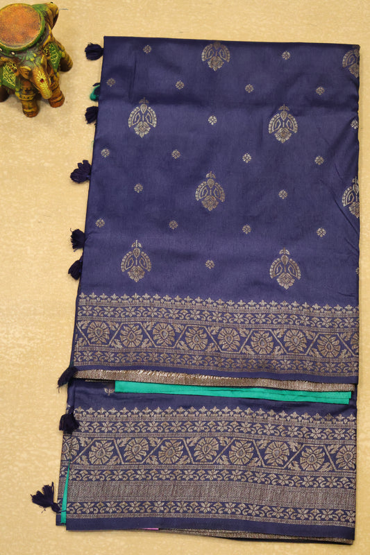 Soft Tussar Saree-Dark Blue Creeper Flower Design