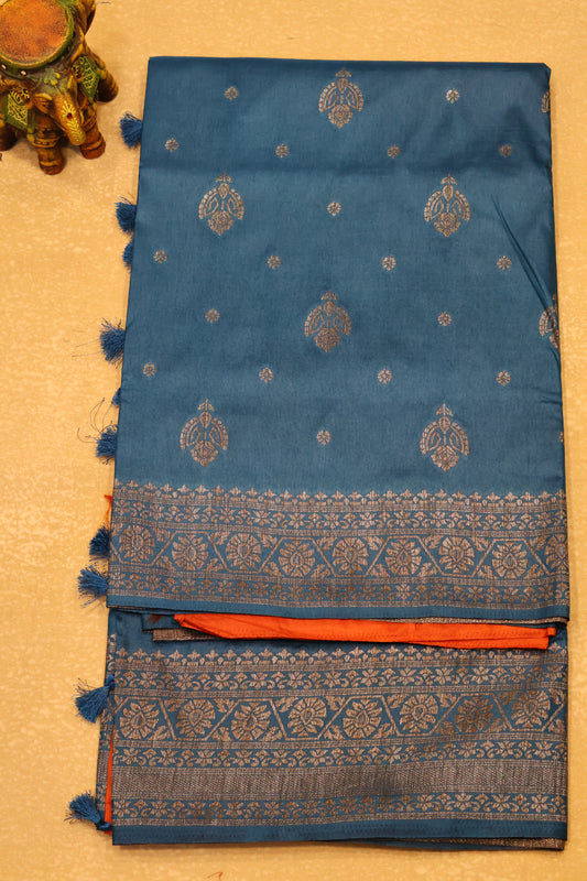 Soft Tussar Saree-Peacock Blue Flower Design