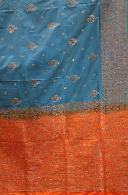 Soft Tussar Saree-Peacock Blue Flower Design