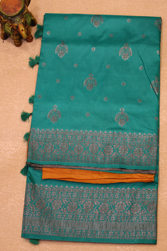 Soft Tussar Saree-Dark Sea Green Flower Design