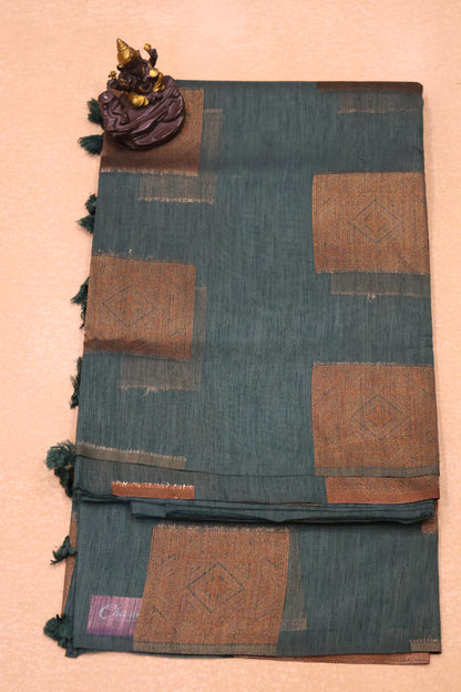 Semi Tussar Saree -Dark Green Dimond in Square Design