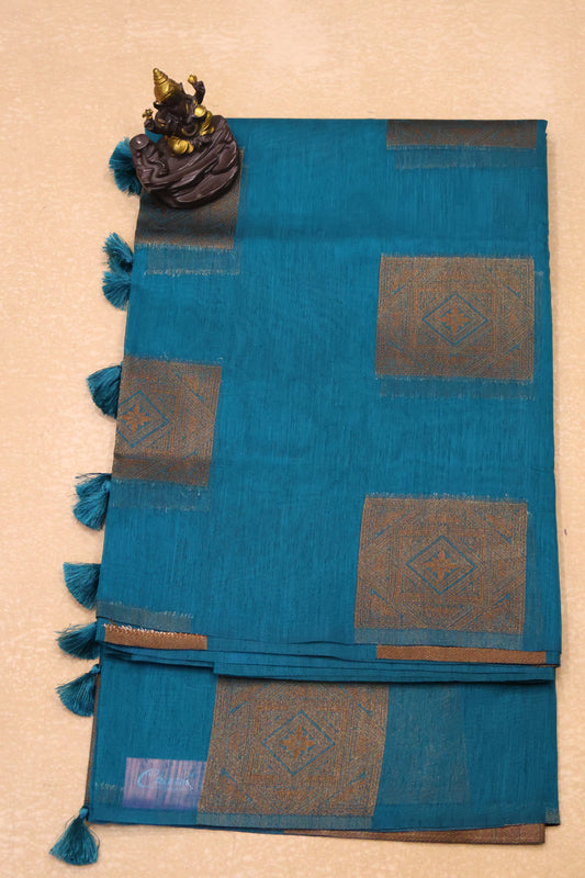 Semi Tussar Saree -Peacock Blue Dimond in Square Design