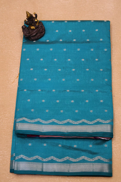 Semi Tussar Saree-Ramar Blue Small Round Buta