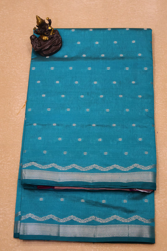 Semi Tussar Saree-Ramar Blue Small Round Buta