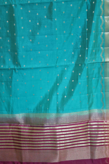 Semi Tussar Saree-Ramar Blue Small Round Buta
