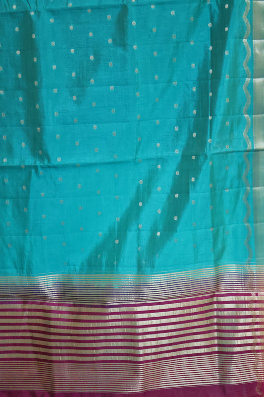 Semi Tussar Saree-Ramar Blue Small Round Buta