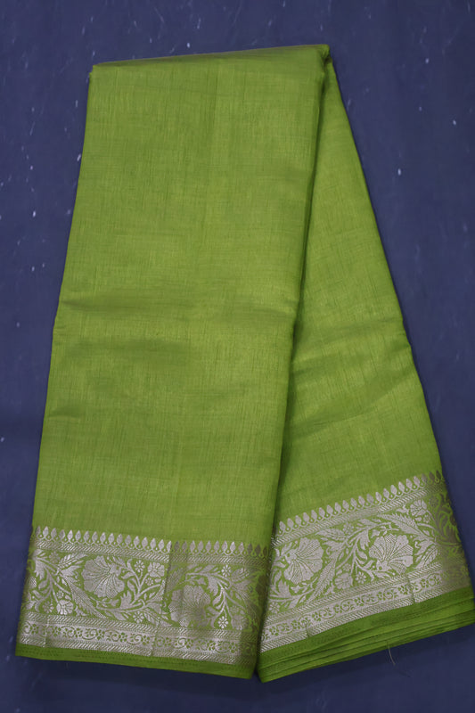 Semi Tussar Saree-Lite Green Big Flower Border