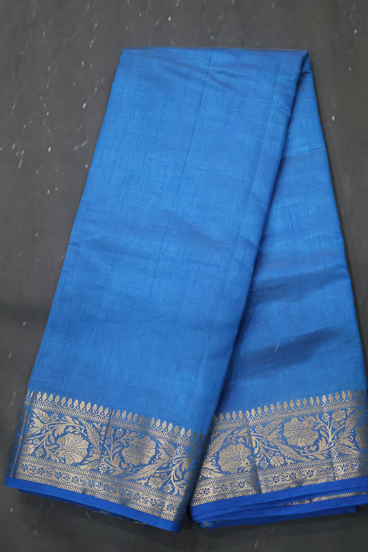 Semi Tussar Saree-Blue Big Flower Border