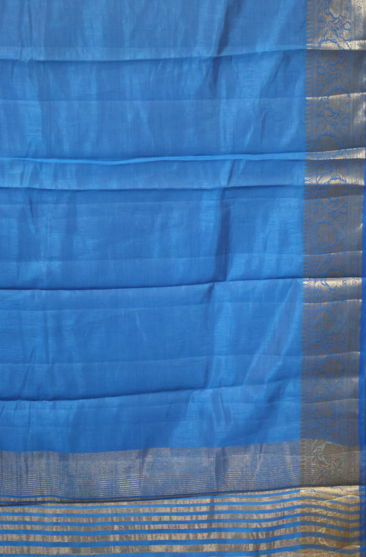 Semi Tussar Saree-Blue Big Flower Border