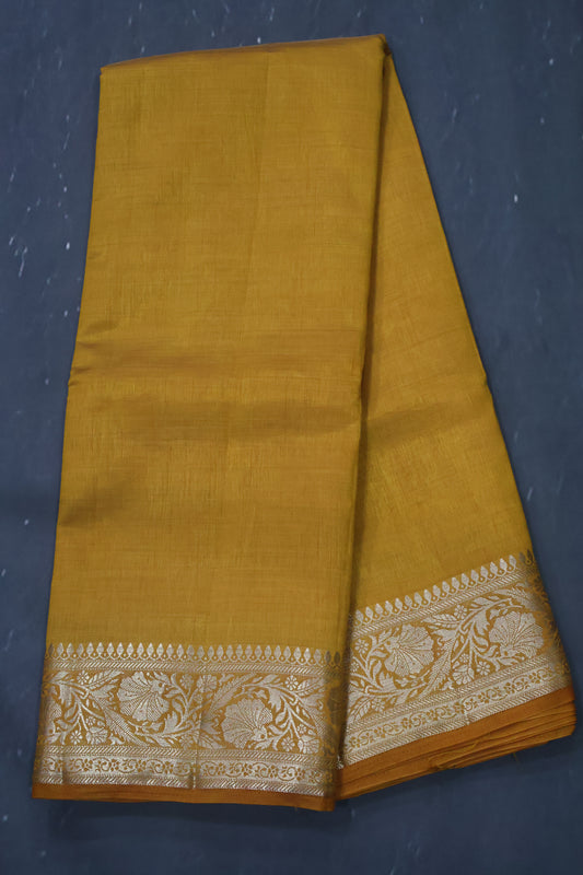 Semi Tussar Saree-Mustard Big Flower Border