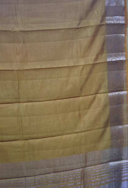 Semi Tussar Saree-Mustard Big Flower Border