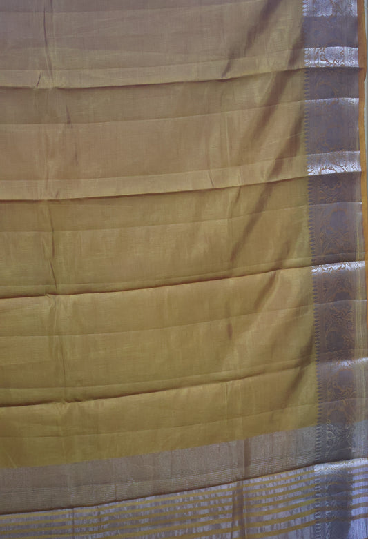 Semi Tussar Saree-Mustard Big Flower Border