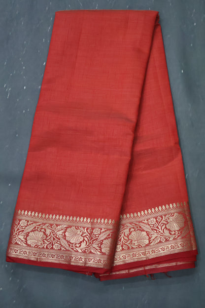 Semi Tussar Saree-Red Big Flower Border