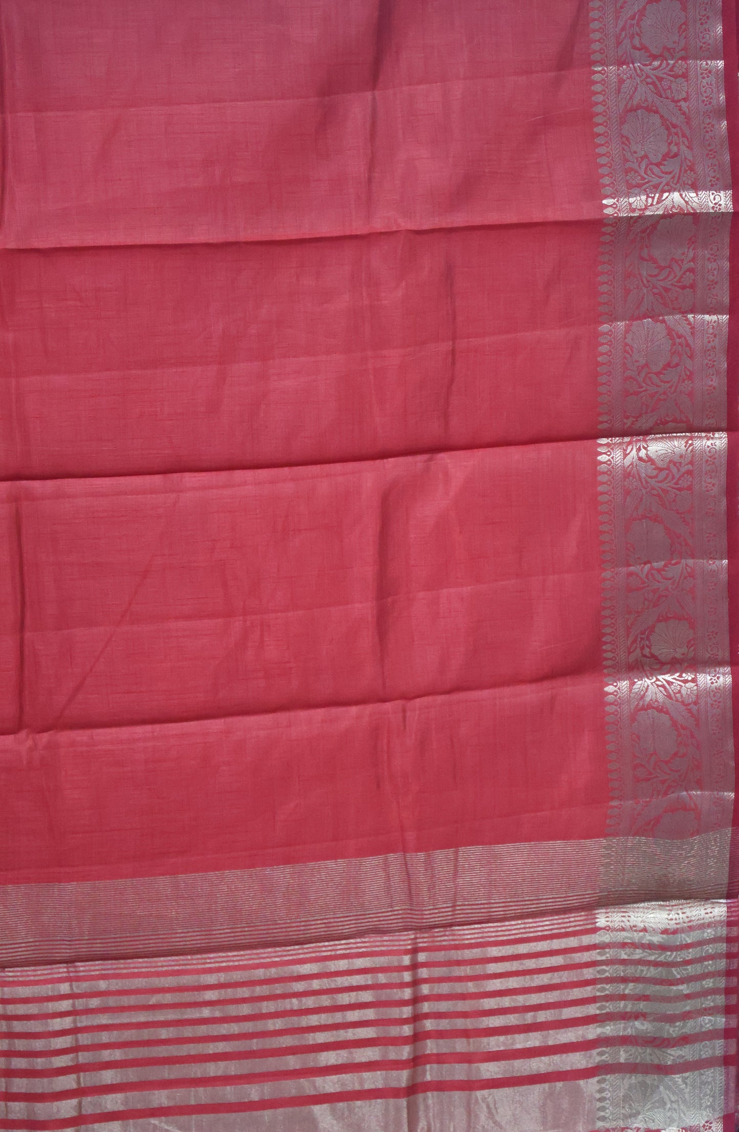 Semi Tussar Saree-Red Big Flower Border