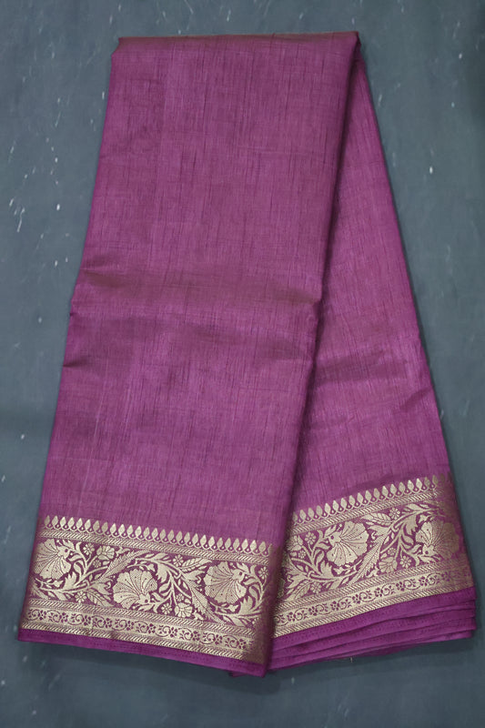 Semi Tussar Saree-Purple Big Flower Border