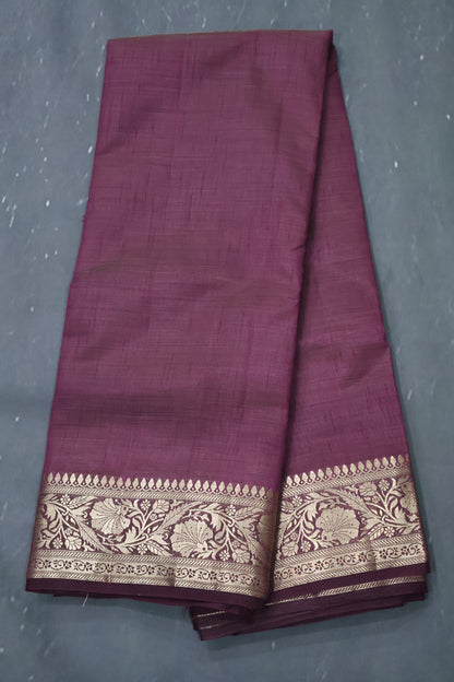 Semi Tussar Saree-Wine Big Flower Border