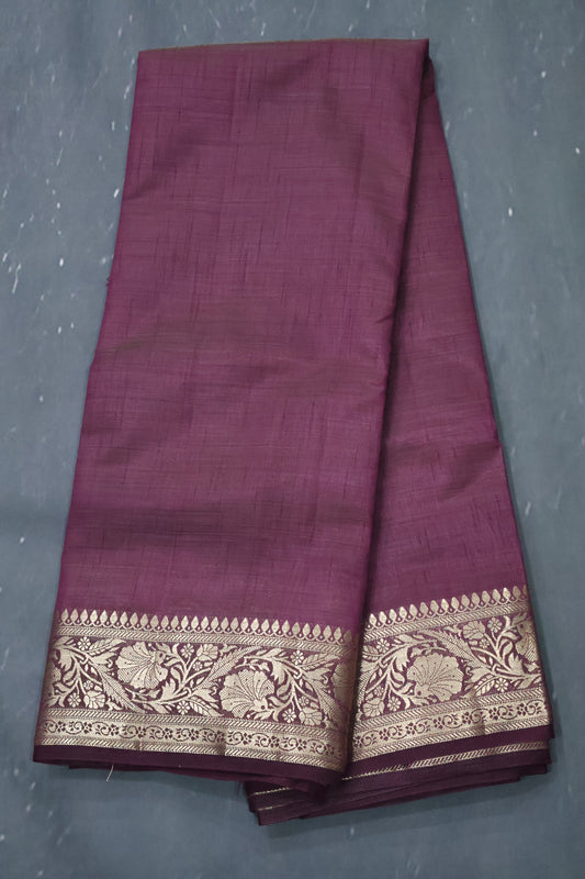 Semi Tussar Saree-Wine Big Flower Border