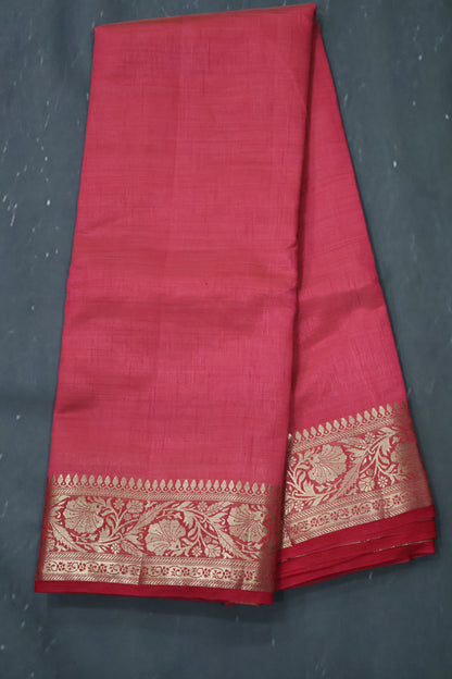 Semi Tussar Saree-Redish Pink Big Flower Border