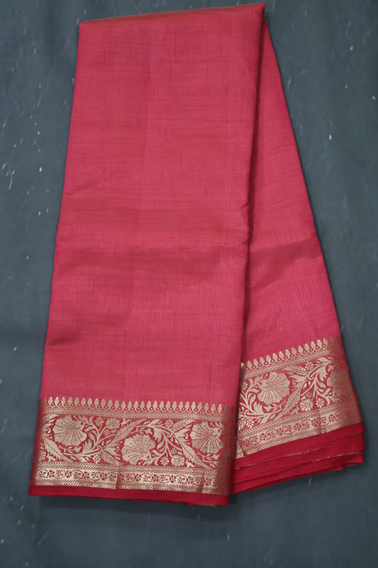 Semi Tussar Saree-Redish Pink Big Flower Border