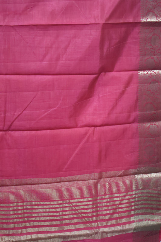 Semi Tussar Saree-Redish Pink Big Flower Border