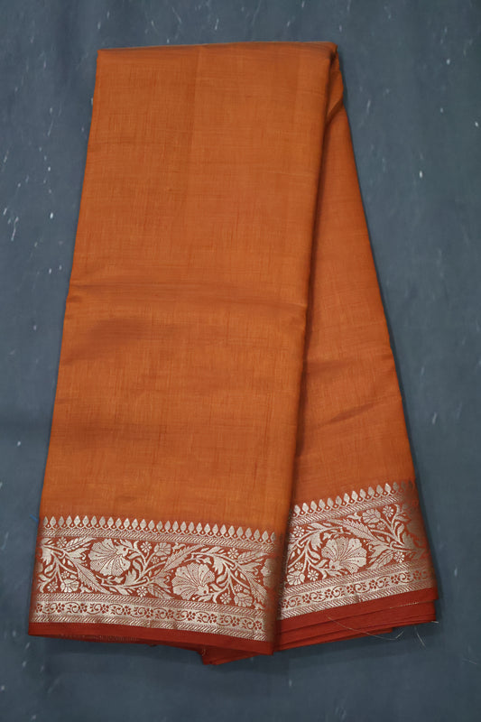 Semi Tussar Saree-Orange Big Flower Border