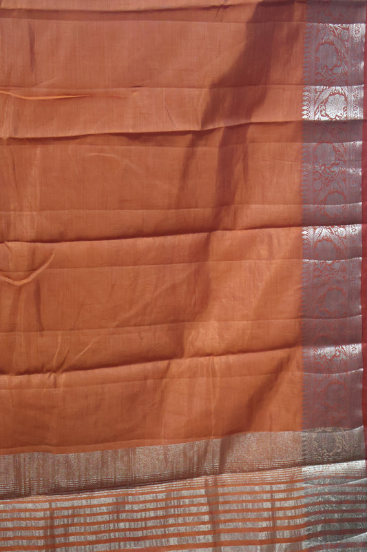 Semi Tussar Saree-Orange Big Flower Border