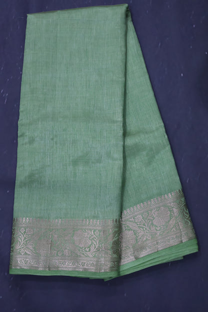 Semi Tussar Saree-Pista Green Big Flower Border