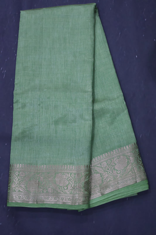 Semi Tussar Saree-Pista Green Big Flower Border